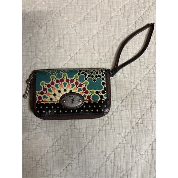 Fossil Key-Per Zip Around Wristlet Floral Print Brown/Turquoise /Multi colored - Picture 3 of 8